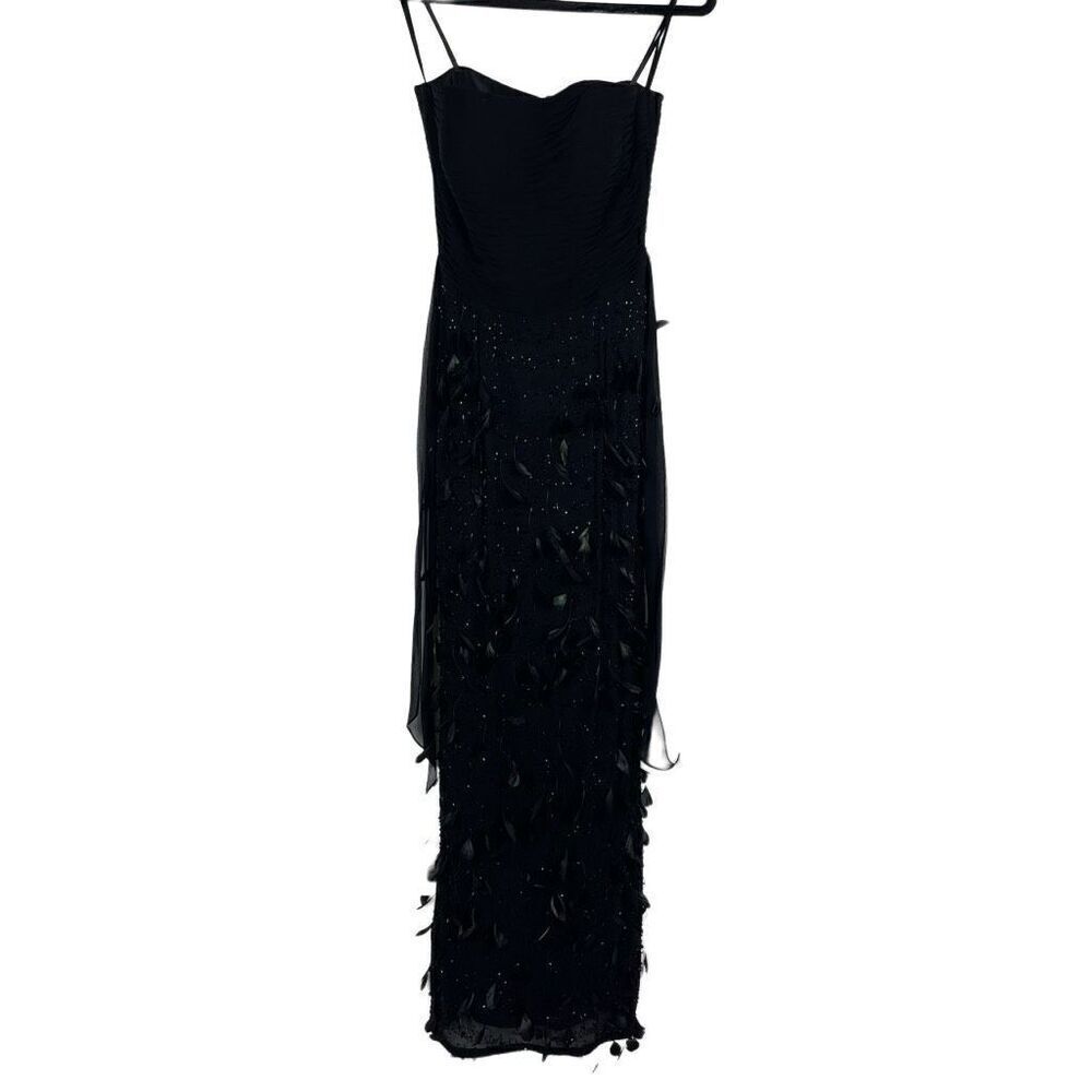 Terani Couture Black 100% Silk Beaded Feathered Strapless Dress‎ - Size 4